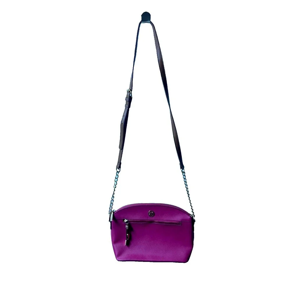 Anne Klein Faux Leather Hot Pink Logo Shoulder Bag Gold Hardware Chain Accent